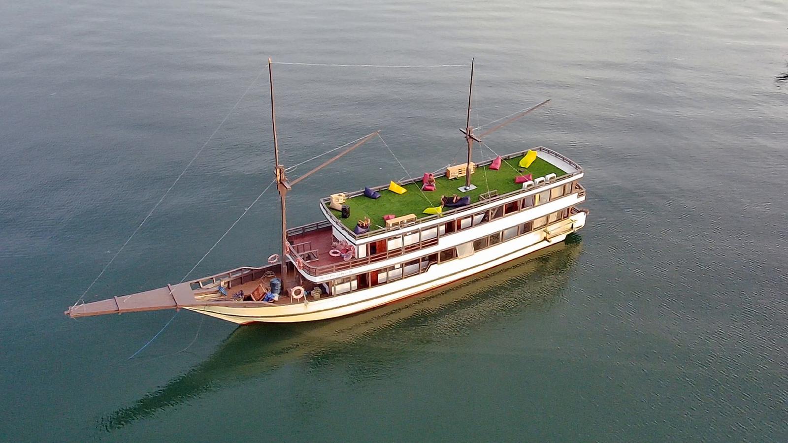 Princess Nabila side view from a drone showing both cabin decks
