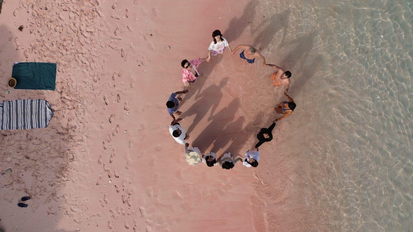 Pink Beach – Aerial group circle on pink sand (Taken on a real Komodo Explorer trip)