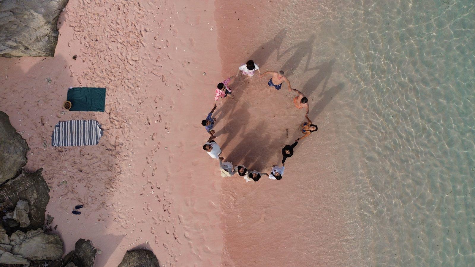 Pink Beach – Aerial group circle, pink sand, turquoise water (Taken on a real Komodo Explorer trip)